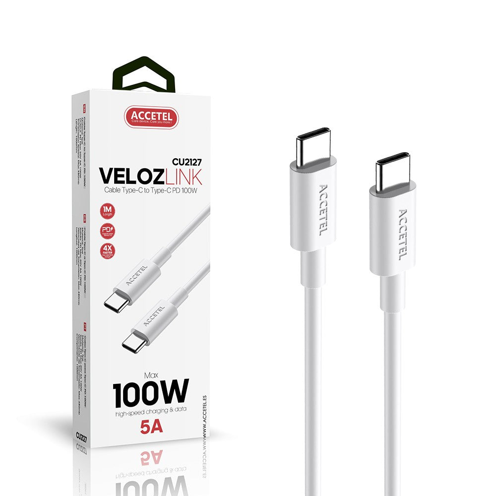 Cabo de carregamento rápido 100W Tipo-C a Tipo-C Máx.20V 5A (1M) Branco
