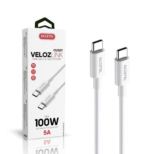 Cabo de carregamento rápido 100W Tipo-C a Tipo-C Máx.20V 5A (1M) Branco