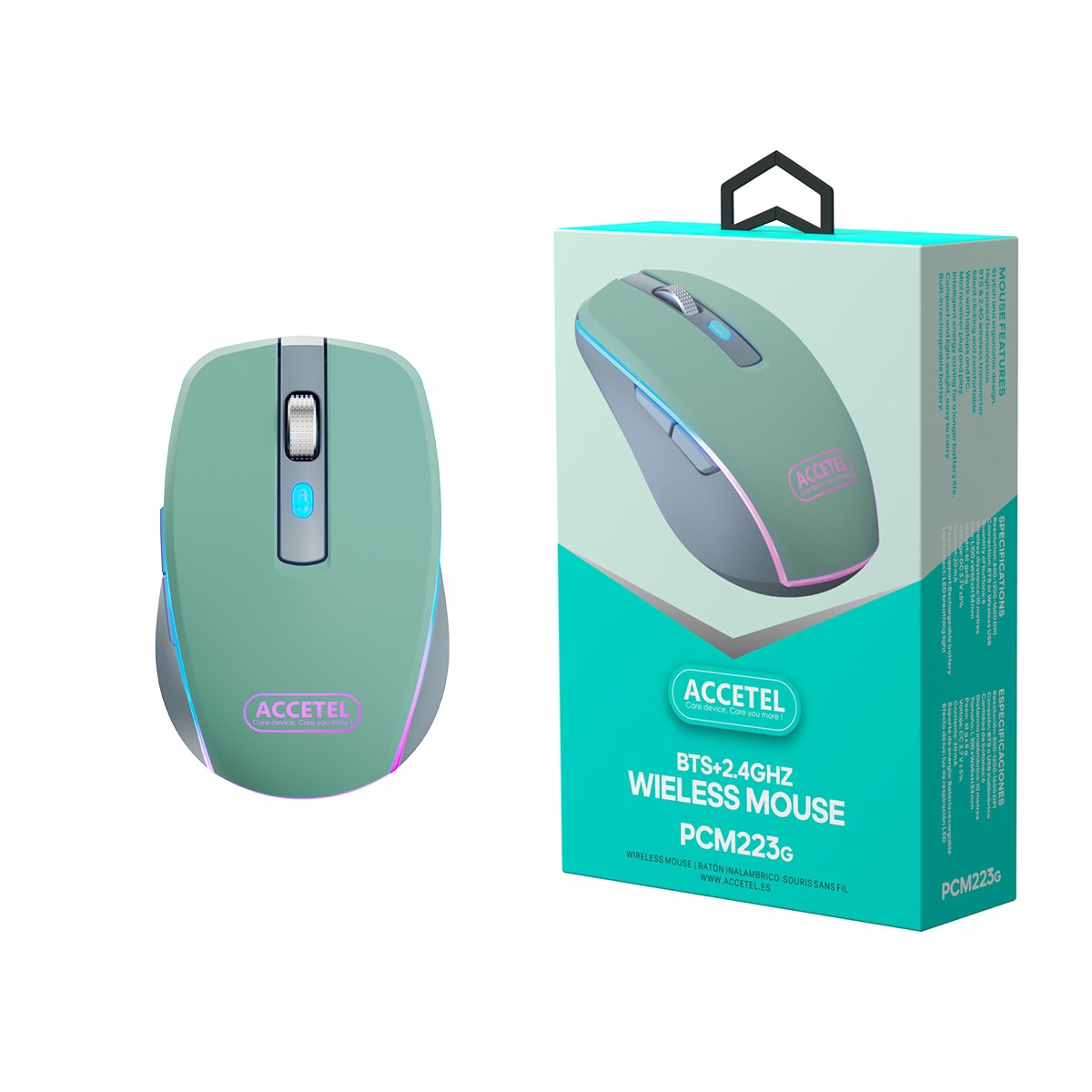 Rato Recarregável Sem Fio Bluetooth 5.2 RGB 2.4GHZ 800/1200/1600 DPI - Verde Cerceta - Default Title