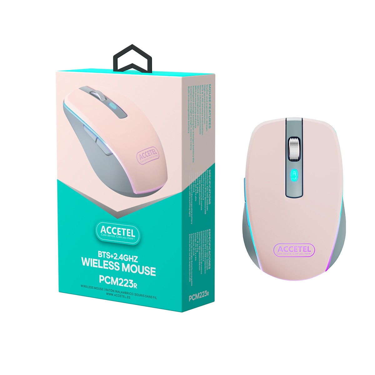 Rato Recarregável Sem Fio Bluetooth 5.2 RGB 2.4GHZ 800/1200/1600 DPI - Rosa