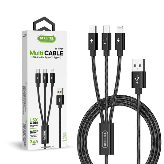 Cabo de Carregamento 3em1 (Lightning + USB-C duplo) 3.6A 1.2M