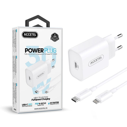 Carregador de Parede Carregamento Rápido PD 30W - Cabo USB-C para Lightning 1M