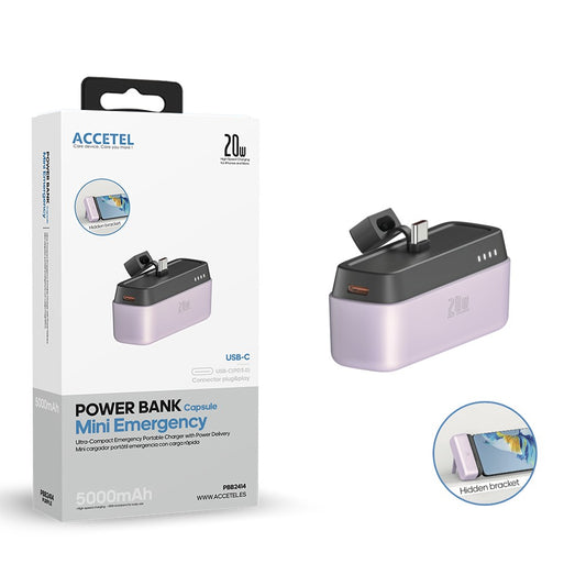 Mini Bateria Auxiliar Externa Tipo-C Carregamento Rápido 5000mAh 20W PD 3.0 Roxo