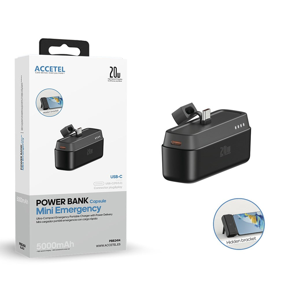 Mini Bateria Auxiliar Externa Tipo-C Carregamento Rápido 5000mAh 20W PD 3.0 - Preto - Default Title
