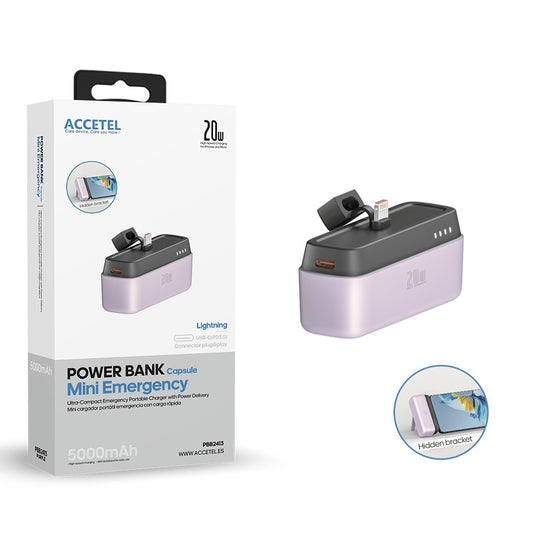 Mini Bateria Auxiliar Externa Lightning de Carregamento Rápido 5000mAh 20W PD 3.0 Roxo