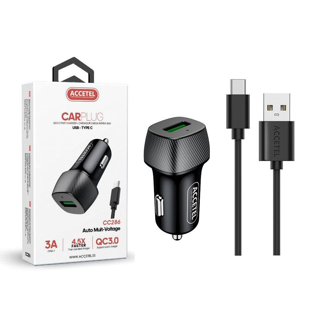 Carregador de Carro Carregamento Rápido QC3.0 18W - Cabo Tipo-C