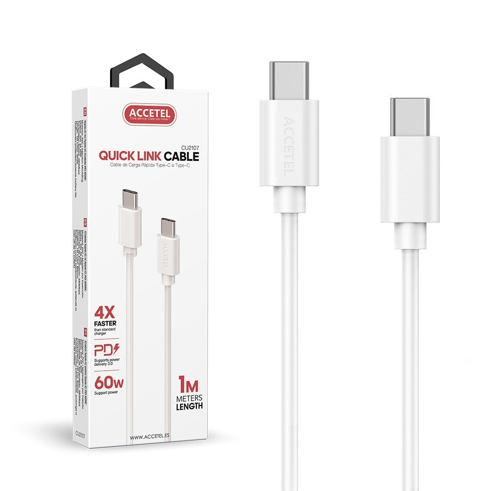 Cabo de carregamento rápido 60W Tipo-C a Tipo-C Máx.20V 3A (1M) Branco