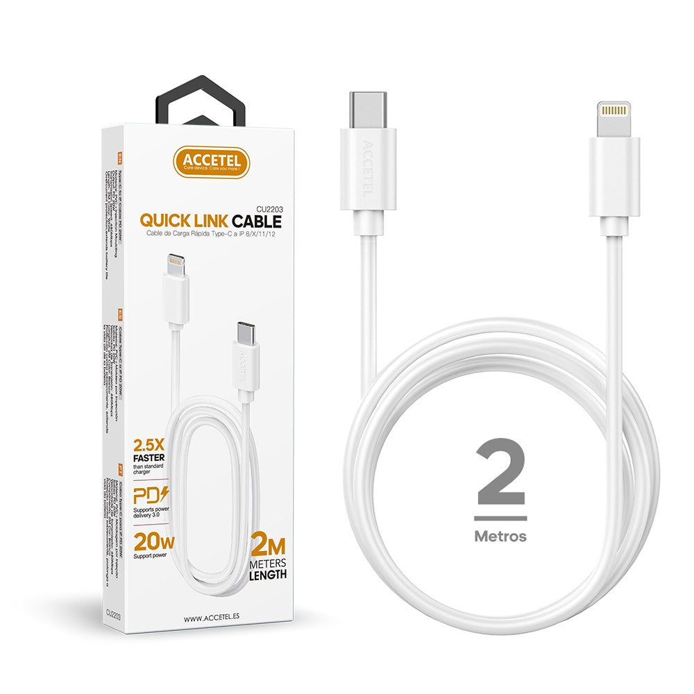 PD Cabo de Carregamento Rápido 20W Tipo-C para Lightning (2M) Branco