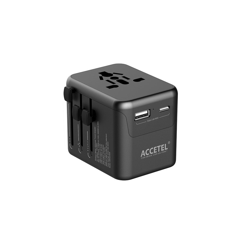 Adaptador de plugue de viagem internacional com duas portas USB-C e USB-A 2.4A - Preto