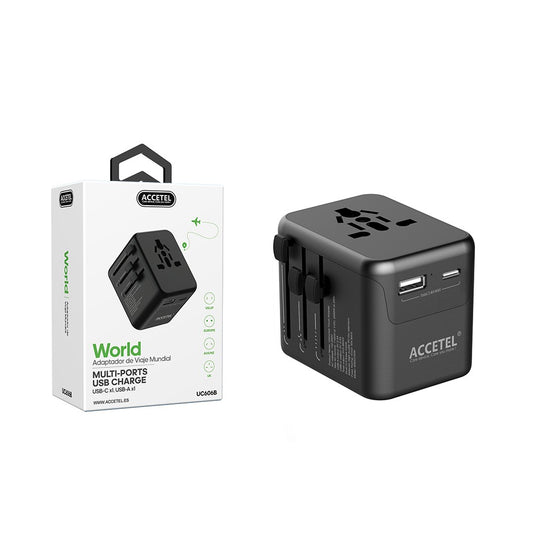 Adaptador de plugue de viagem internacional com duas portas USB-C e USB-A 2.4A - Preto