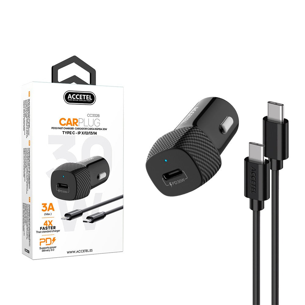 Carregador de carro com carregamento rápido USB-C PD 30W - cabo Tipo C para Tipo C