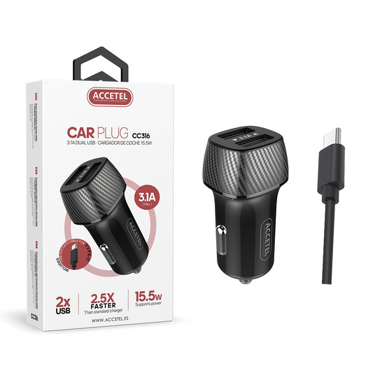 Carregador de Carro Duplo USB 3.1A - Cabo Tipo C