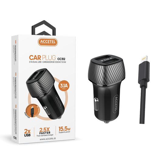 Carregador de Carro Duplo USB 3.1A - Cabo Lightning