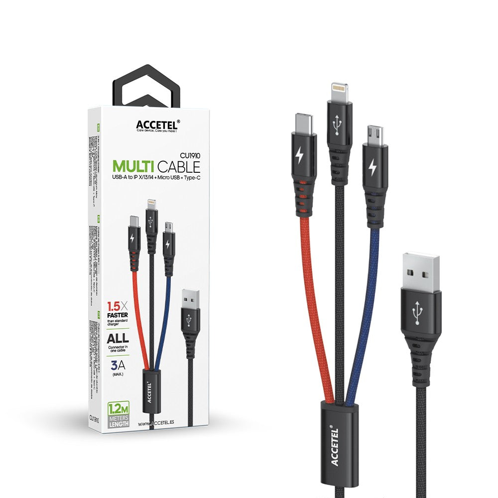 Cabo de carregamento CU1910 3 em 1 (IP 8/X/11/12+Micro USB+Tipo-C) 3A 1.2M
