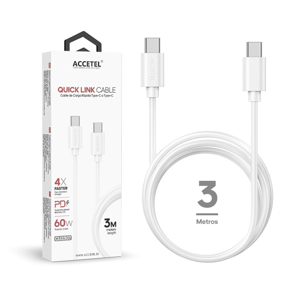 Cabo de carregamento rápido 60W Tipo-C a Tipo-C Máx.20V 3A (3M) Branco