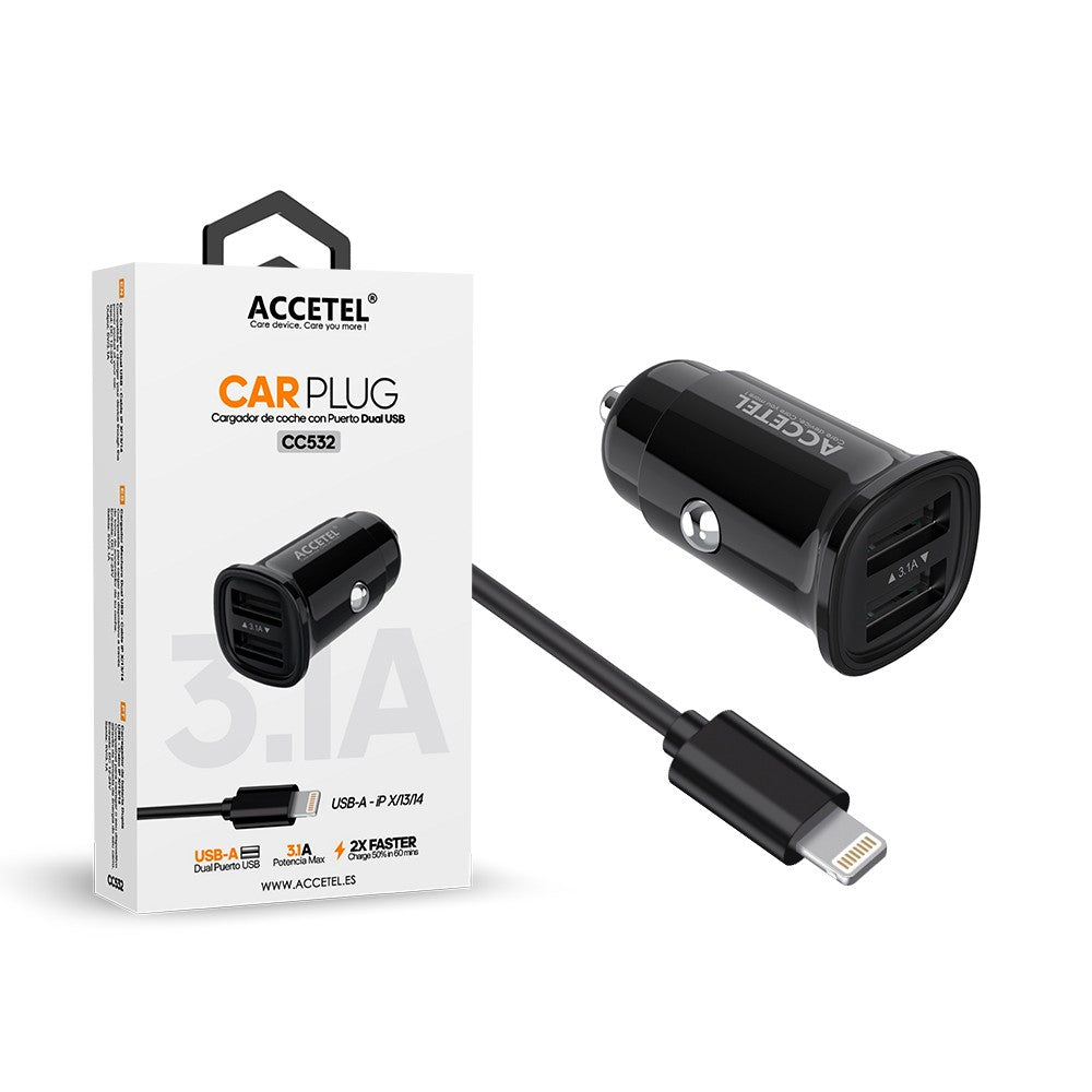 Carregador de Carro Duplo USB 3.1A - Cabo Lightning