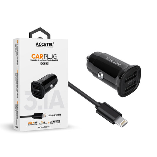Carregador de Carro Duplo USB 3.1A - Cabo Lightning