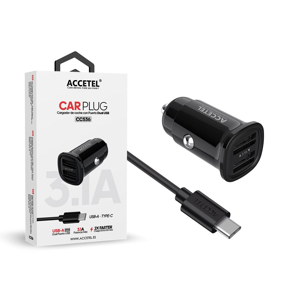 Carregador de Carro Duplo USB 3.1A - Cabo Tipo C