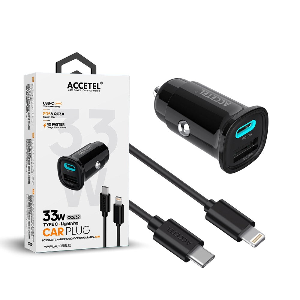Carregador de Carro de Carga Rápida USB-C PD + USB-A QC Máx. 33W ? Cabo Lightning