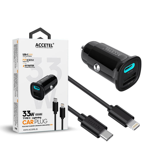 Carregador de Carro de Carga Rápida USB-C PD + USB-A QC Máx. 33W ? Cabo Lightning