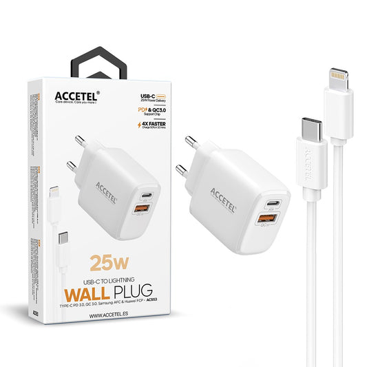 Carregador de Parede Carregamento Rápido QC/PD 3.0 Portas Duplas A+C 25W - Cabo Tipo-C para Lightning 1M