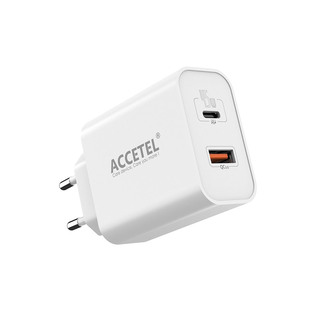 Carregador de Parede GaN 45W de Carga Rápida com Portas USB-C e USB-A