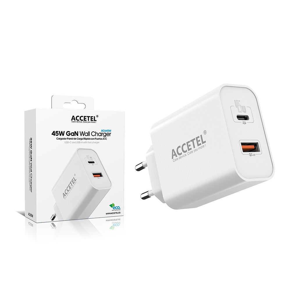 Carregador de Parede GaN 45W de Carga Rápida com Portas USB-C e USB-A