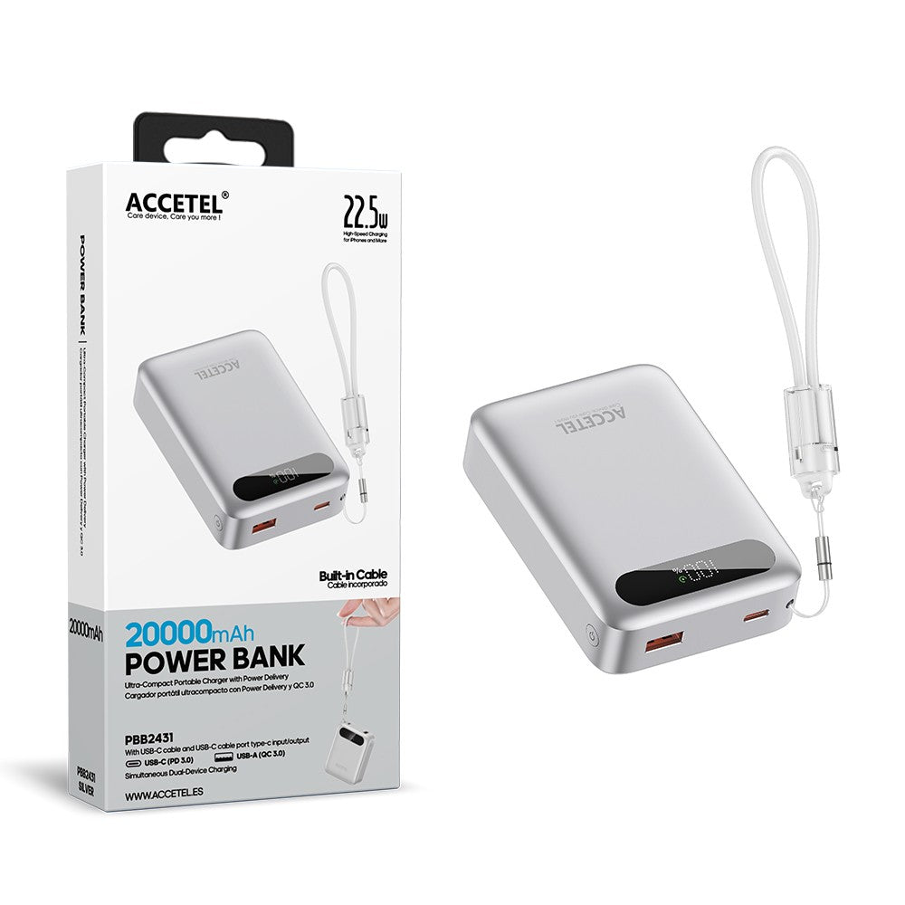 Bateria Externa de Carga Rápida 20000mAh 22,5W PD+QC3.0 com Tela Digital e Cabo USB-C Integrado