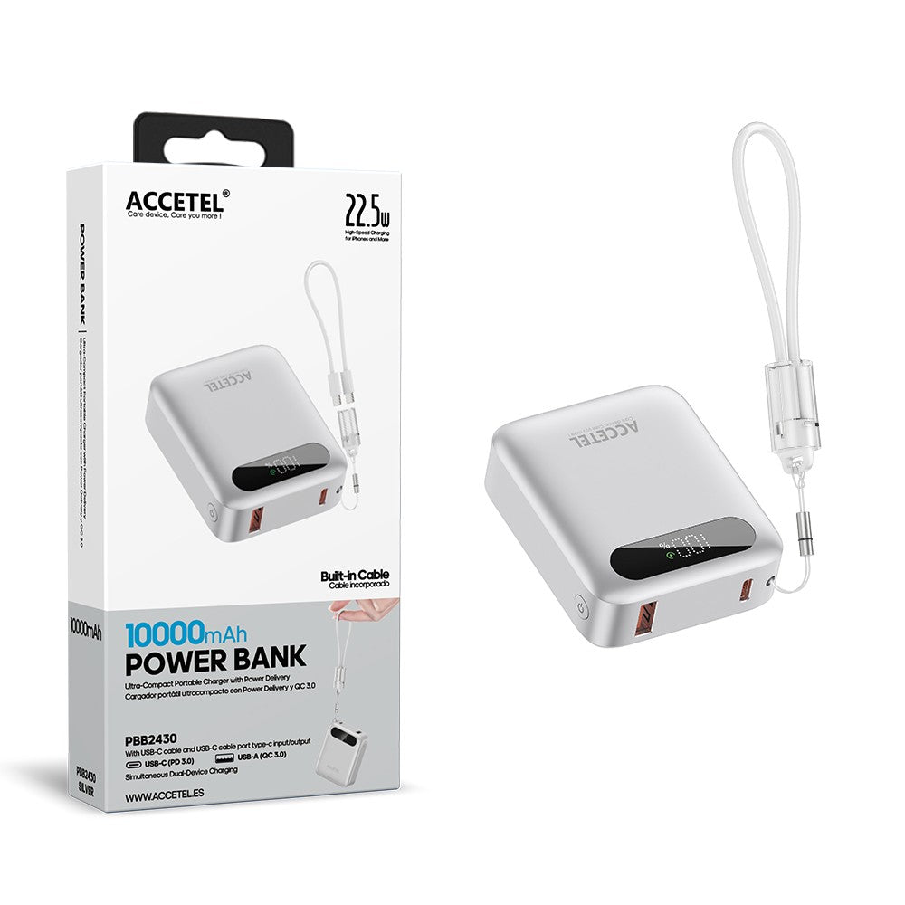 Bateria Externa de Carga Rápida 10000mAh 22,5W PD+QC3.0 com Tela Digital e Cabo USB-C Integrado