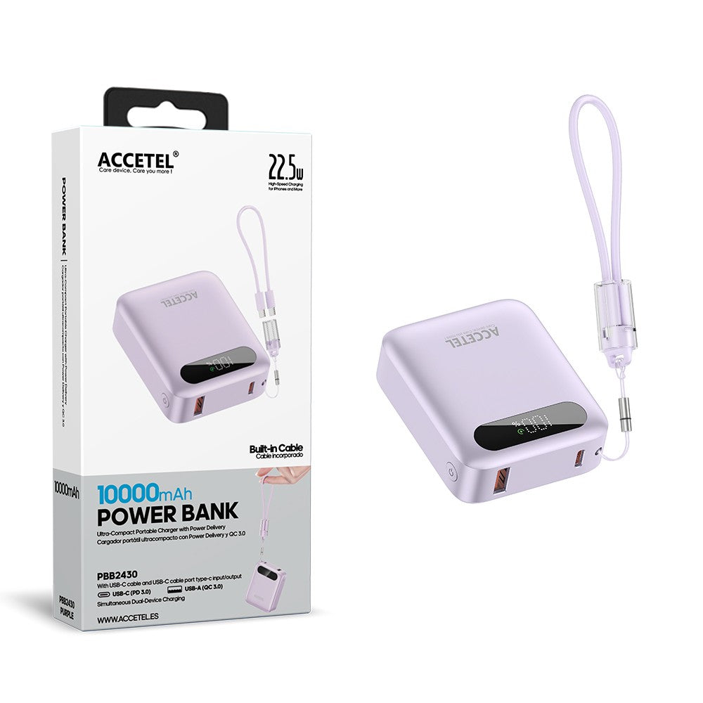 Bateria Externa de Carga Rápida 10000mAh 22,5W PD+QC3.0 com Tela Digital e Cabo USB-C Integrado