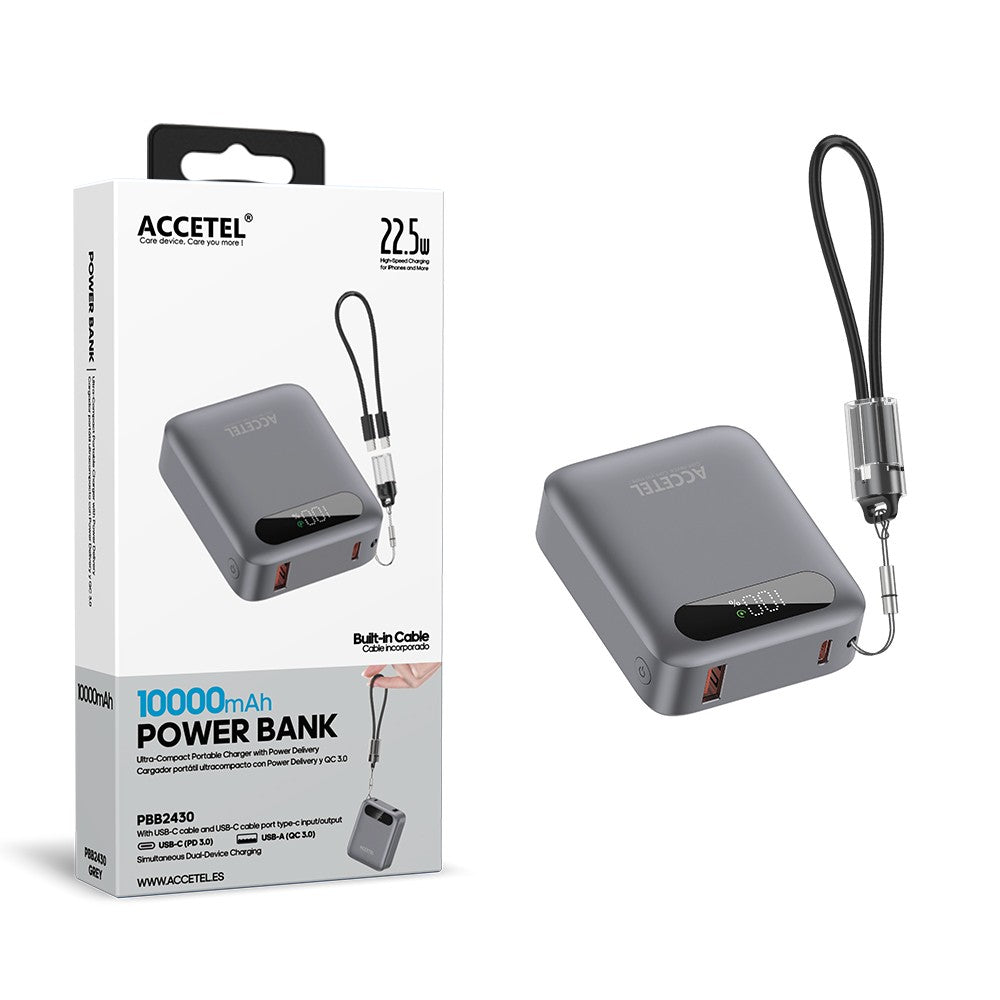 Bateria Externa de Carga Rápida 10000mAh 22,5W PD+QC3.0 com Tela Digital e Cabo USB-C Integrado