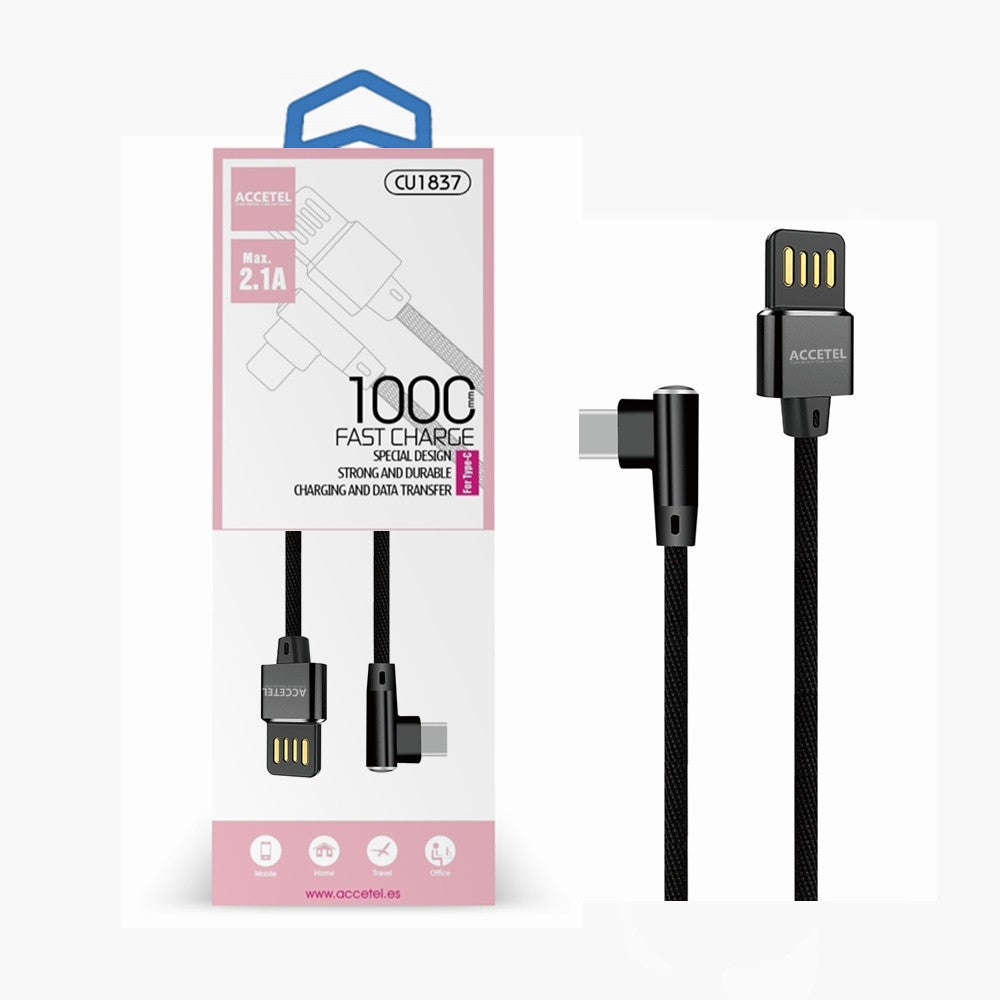 Cabo de Dados L Nylon 2.1A - Tipo-C Preto