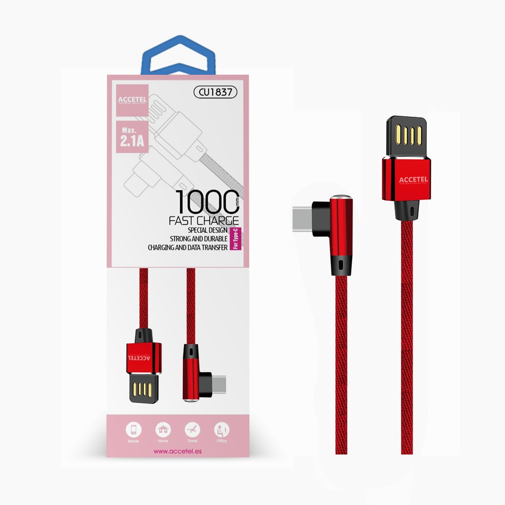 Cabo de Dados L Nylon 2.1A - Tipo-C Vermelho