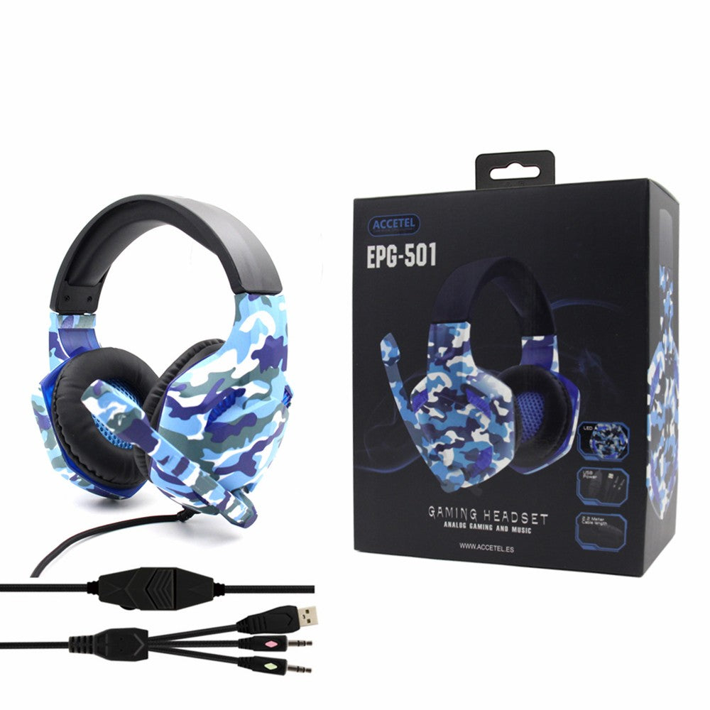 Auscultadores Estéreo Jogos LED 3.5mm com Microfone -Azul Militar