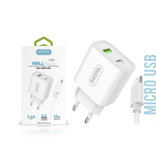 Carregador de Parede 2.4A com Portas Tipo-C+USB - Cabo Micro USB