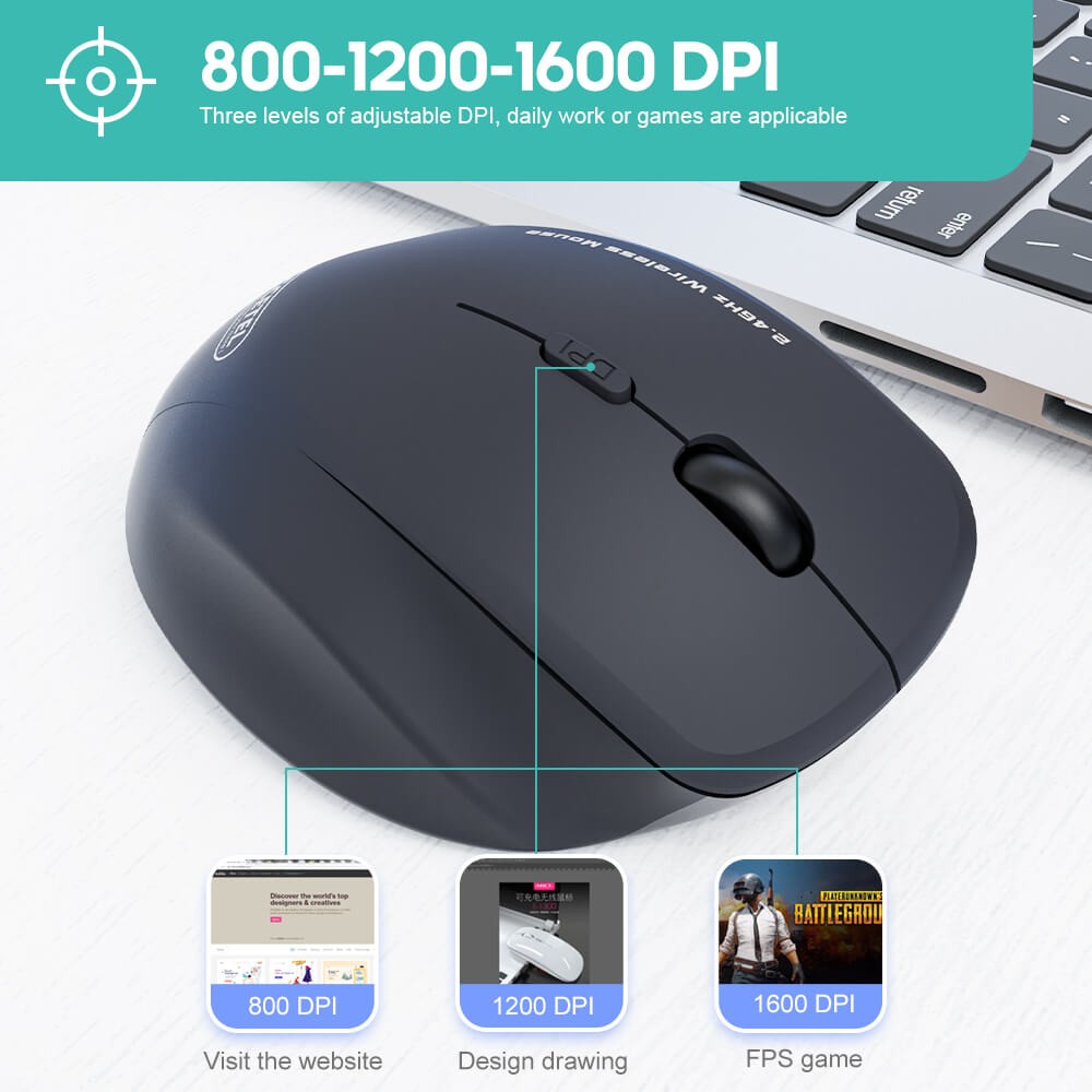 Rato óptico sem fio PCM206 2.4GHz 800/1200/1600 DPI