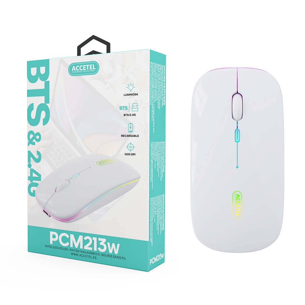 Rato Recarregável Sem Fio Bluetooth 5.2 RGB 2.4GHZ 800/1200/1600 DPI - Branco