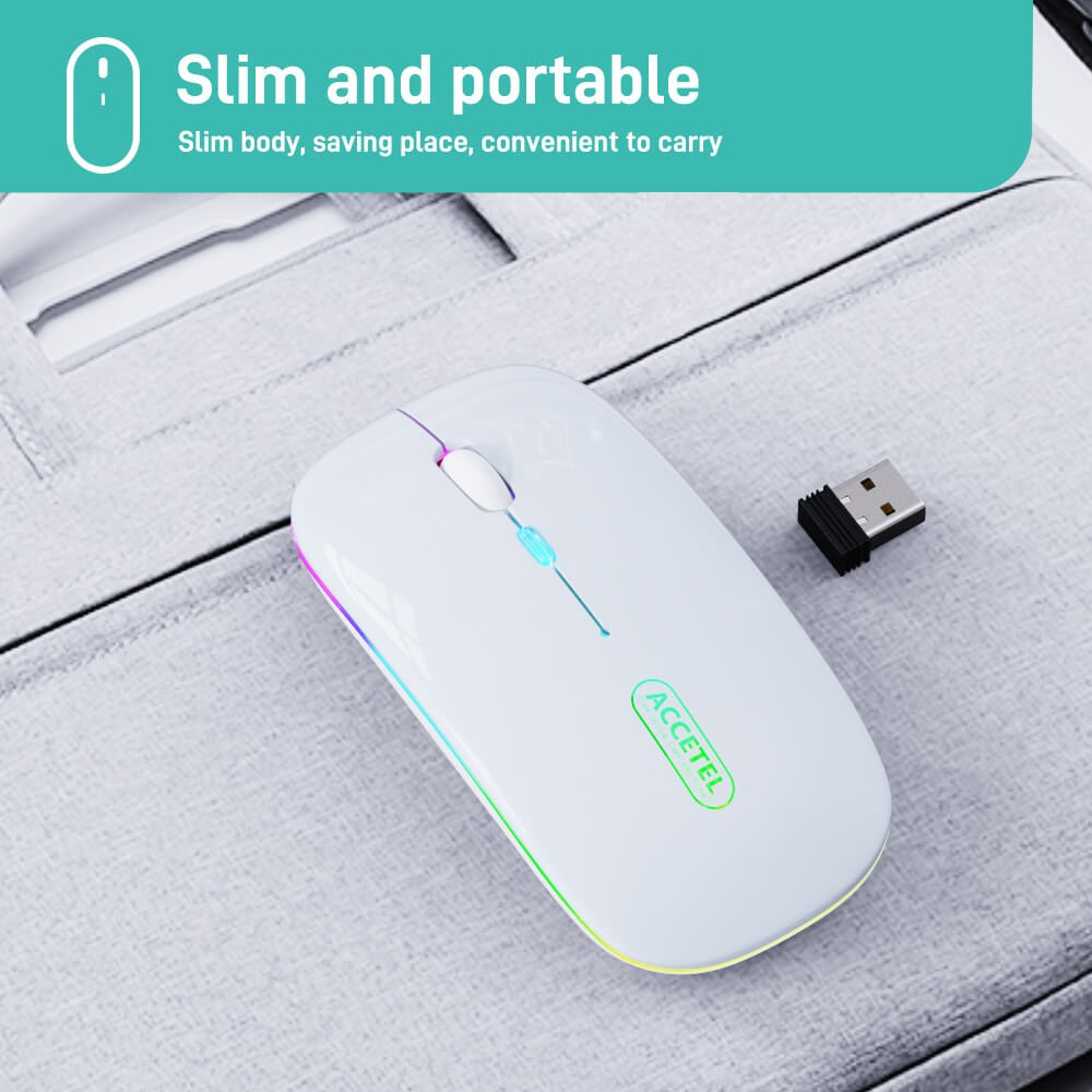 Rato Recarregável Sem Fio Bluetooth 5.2 RGB 2.4GHZ 800/1200/1600 DPI - Branco