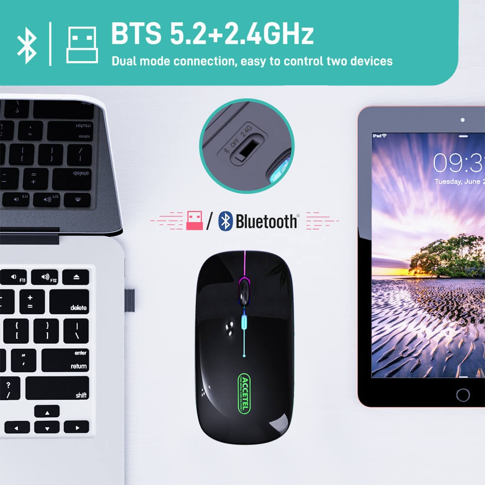 Rato Recarregável Sem Fio Bluetooth 5.2 RGB 2.4GHZ 800/1200/1600 DPI - Branco