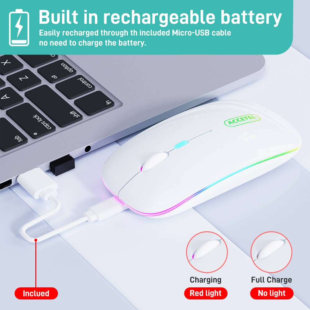 Rato Recarregável Sem Fio Bluetooth 5.2 RGB 2.4GHZ 800/1200/1600 DPI - Branco