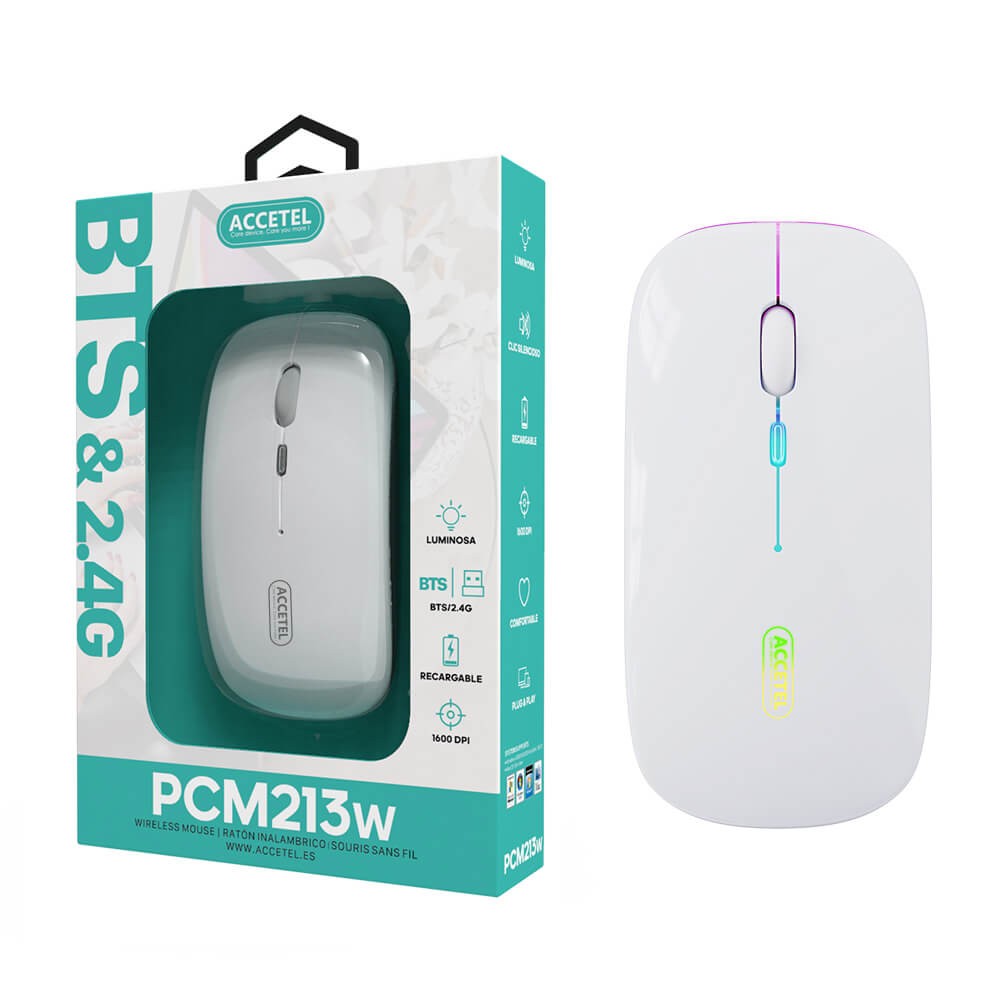 Rato Recarregável Sem Fio Bluetooth 5.2 RGB 2.4GHZ 800/1200/1600 DPI - Branco