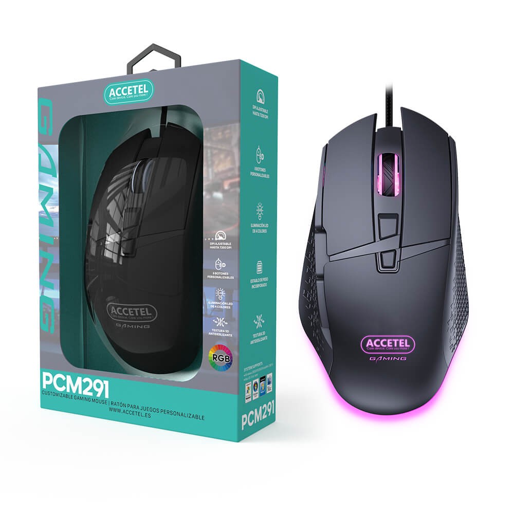 Rato óptico para jogos PCM291 RGB 1200/2400/4800/7200 DPI