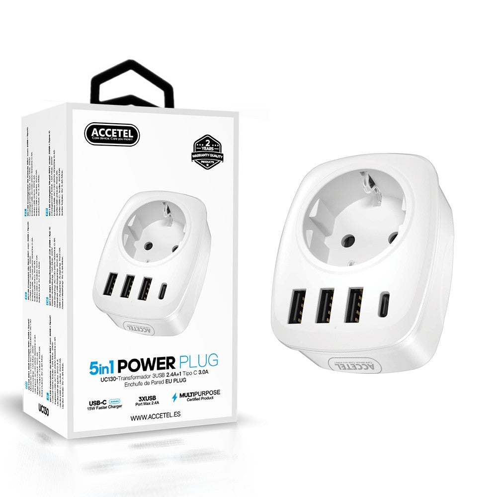 Transformador 3USB 2.4A+ Tipo-C 3.0A (PLUGUE UE)