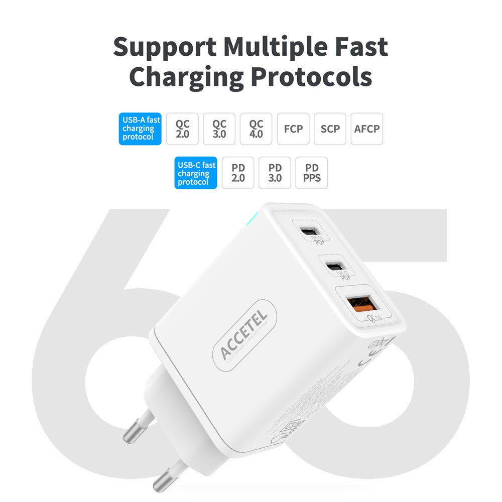 Carregador de Parede Carregamento Rápido USB-C PD Dual Tipo-C+USB QC3.0 65W