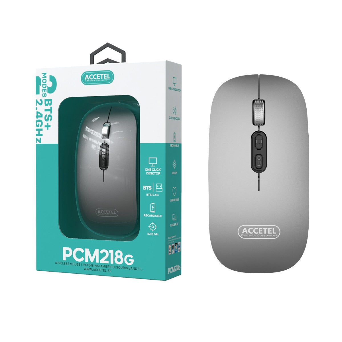 Rato Recarregável Sem Fio Bluetooth 5.2 RGB 2.4GHZ 800/1200/1600 DPI - Cinza