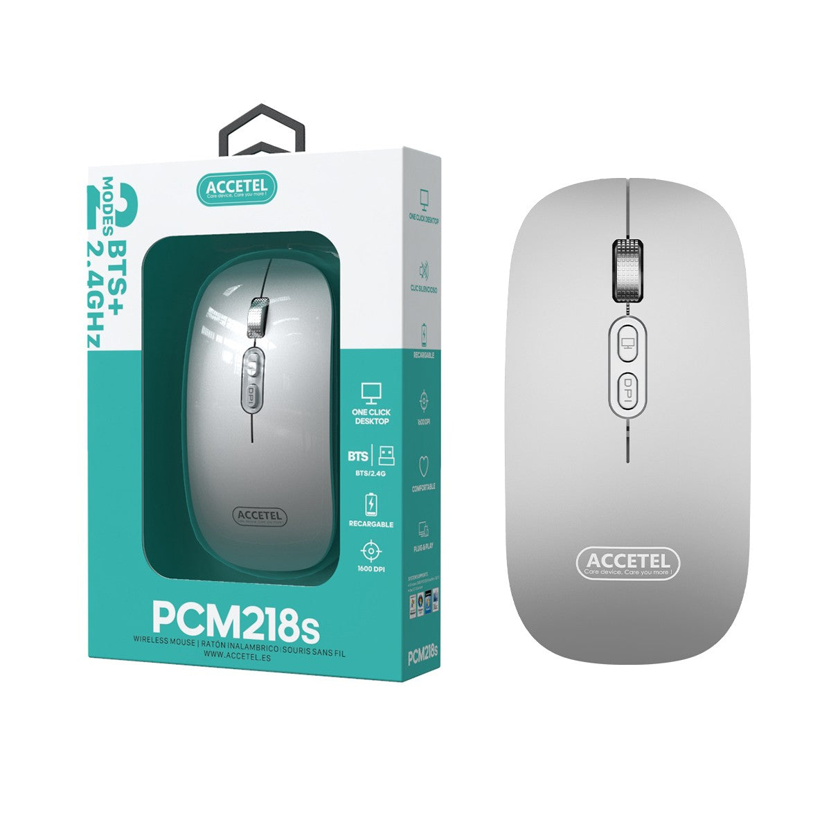 Rato Recarregável Sem Fio Bluetooth 5.2 RGB 2.4GHZ 800/1200/1600 DPI - Prata