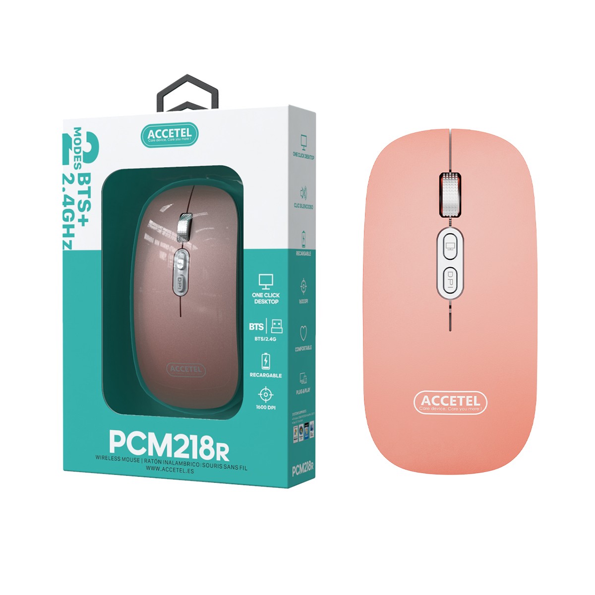 Rato Recarregável Sem Fio Bluetooth 5.2 RGB 2.4GHZ 800/1200/1600 DPI - Rosa