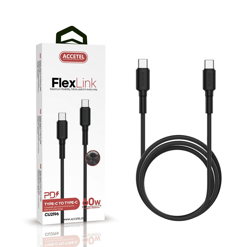 Cabo de carregamento rápido 60W TPE Tipo-C a Tipo-C Máx.20V 3A (1M) Preto