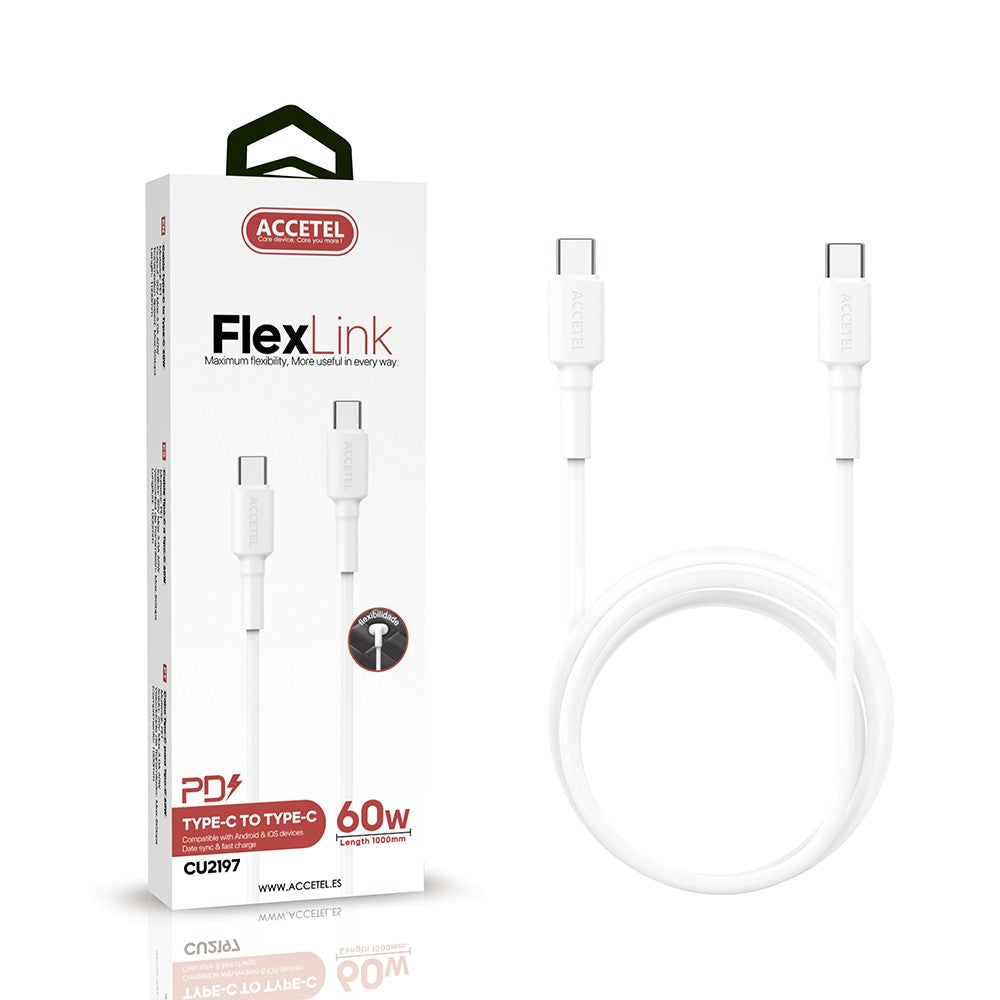 Cabo de carregamento rápido 60W TPE Tipo-C a Tipo-C Máx.20V 3A (1M) Branco