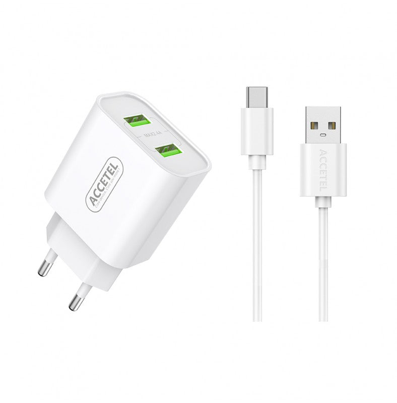 Carregador de Parede 2.4A com Portas USB Duplas Cabo Tipo-C